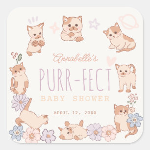 Purr-fect Niedliche Katzen Blumenmädchen Babydusch Quadratischer Aufkleber