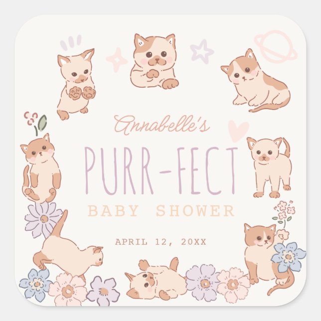 Purr-fect Niedliche Katzen Blumenmädchen Babydusch Quadratischer Aufkleber (Vorderseite)