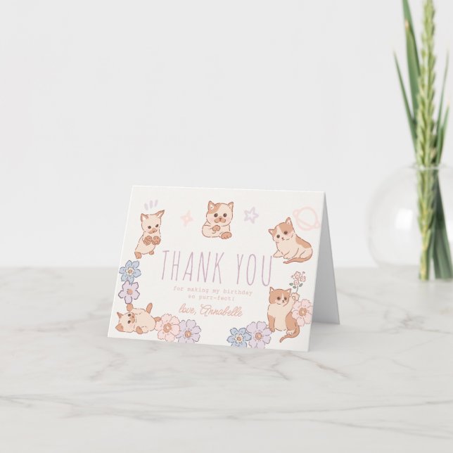 Purr-fect Niedliche Katzen Blumenmädchen Geburtsta Dankeskarte (Vorderseite)