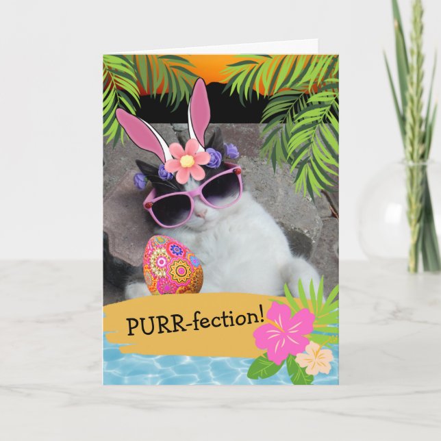Purr-fection Hawaiian Themed Osterkatze Karte (Vorderseite)