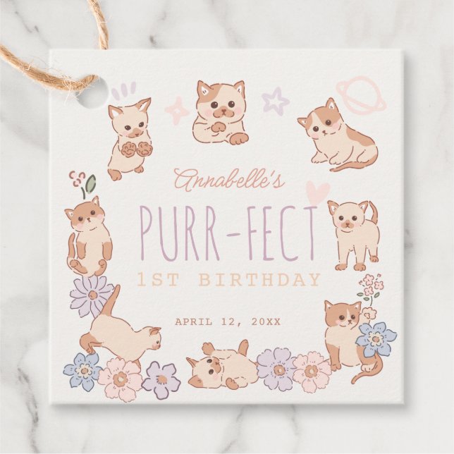 Purr-fekte Niedliche Katzen Blumenmädchen 1. Gebur Geschenkanhänger (Vorderseite)
