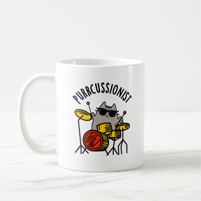 Purr-Kussionist Funny Drummer Cat Pun Kaffeetasse (Links)