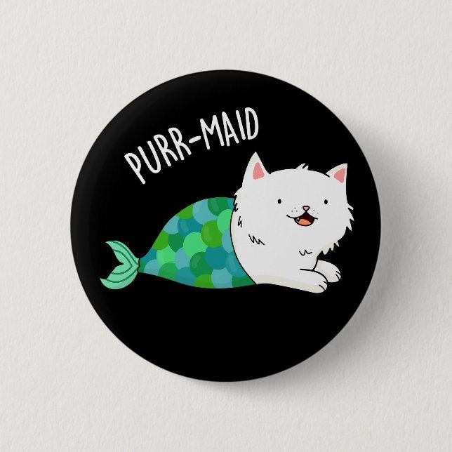 Purr maid Funny Kitty Cat Mermaid Pun Dark BG Button (Vorderseite)