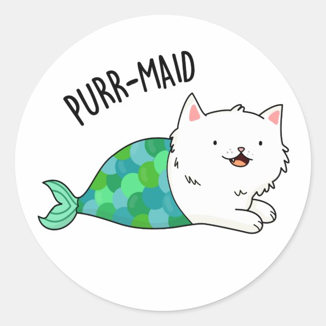Purr maid Funny Kitty Cat Mermaid Pun Runder Aufkleber (Vorderseite)
