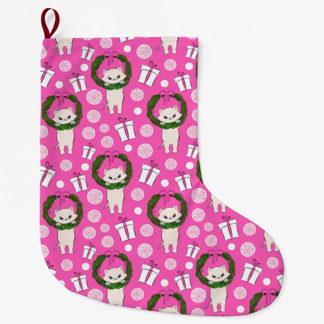 Purr pinkfarbene Kitty Großer Weihnachtsstrumpf (Vorderseite)