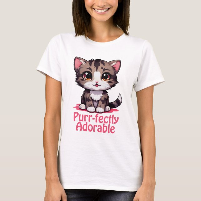 Purr-süßer Chibi Kawaii Kitten in Pink T-Shirt (Vorderseite)