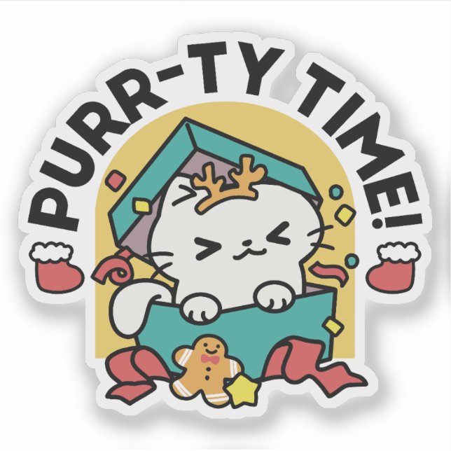 Purr-ty-Time! - Weihnachtsdesign für die Katze Aufkleber (Vorderseite)