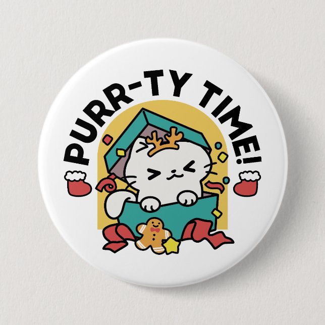 Purr-ty-Time! - Weihnachtsdesign für die Katze Button (Vorderseite)