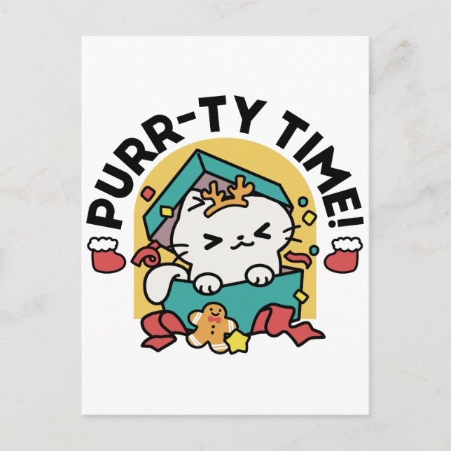 Purr-ty-Time! - Weihnachtsdesign für die Katze Postkarte (Vorderseite)