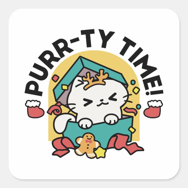 Purr-ty-Time! - Weihnachtsdesign für die Katze Quadratischer Aufkleber (Vorderseite)
