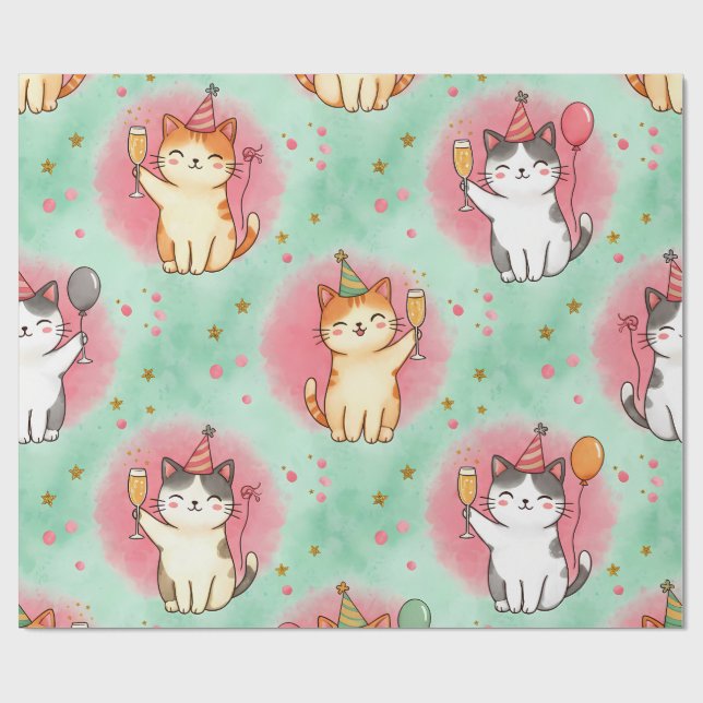 Purrfect Party Cats – Festive Celebration Pattern Geschenkpapier (Flach)