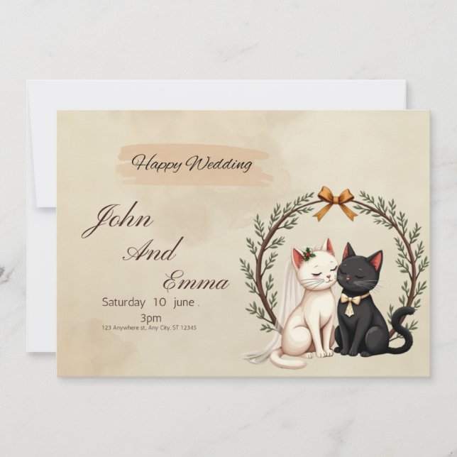 Purrfekt Union: John and Emma's Whimsical Wedding Einladung (Vorderseite)