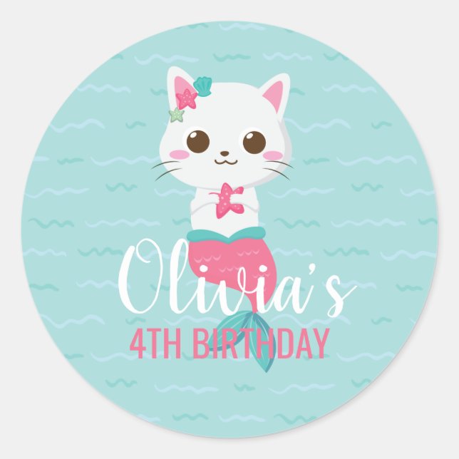 Purrmaid Mermaid Kitty Birthday Party Runder Aufkleber (Vorderseite)