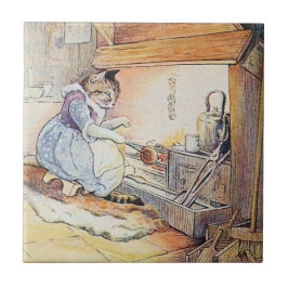 Pussy-Katze sitzt durch das Feuer Fliese