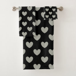 Pussywillow Gray Polka Herz auf schwarz Badhandtuch Set