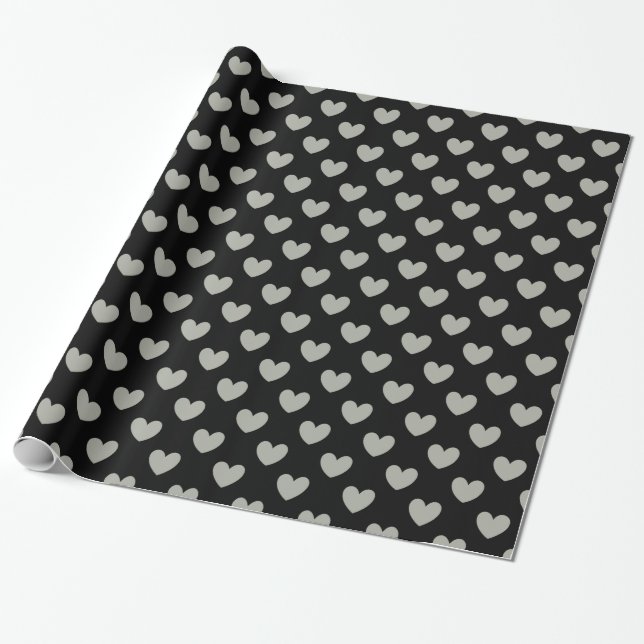Pussywillow Gray Polka Herz auf schwarz Geschenkpapier (Ungerollt)