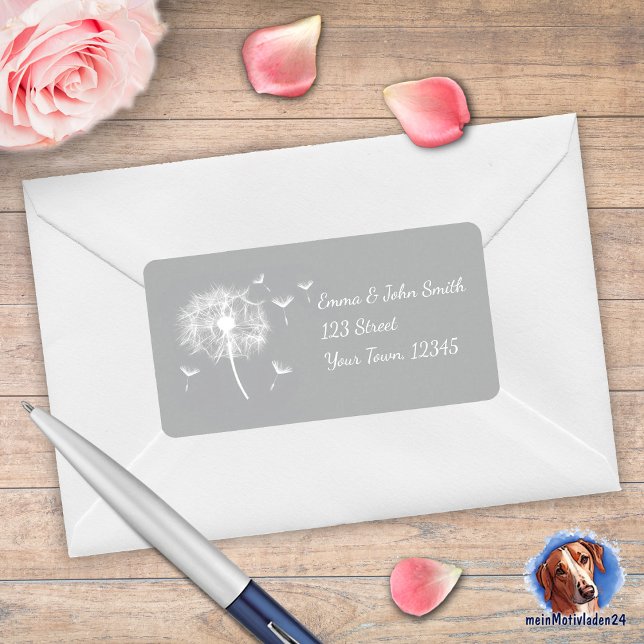 Pusteblume - grau | romantischer  adressaufkleber (romantischer Adressaufkleber mit filigranen Pusteblumen auf grauem Hintergrund)