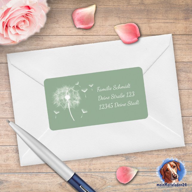 Pusteblume - grün | romantischer adressaufkleber (romantischer Adressaufkleber mit filigranen Pusteblumen auf grünem Hintergrund)