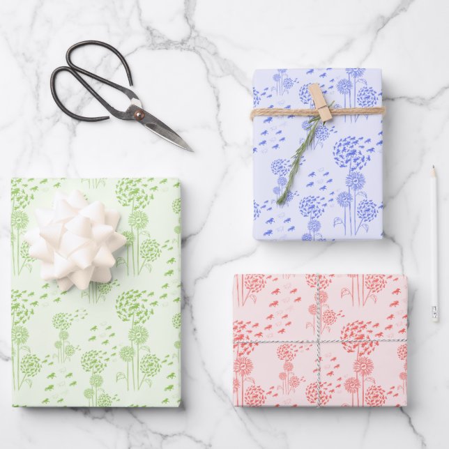 Pusteblume mit Tölter 3 Farben Geschenkpapier Set (Vorderseite)