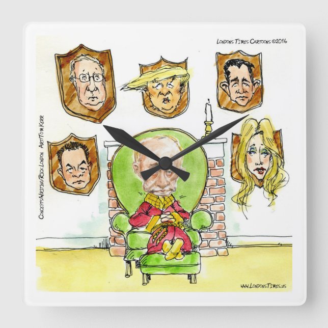 Putin und Trump Comic Wall Clock von Rick London Quadratische Wanduhr (Vorderseite)