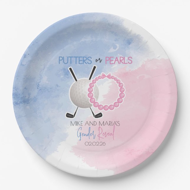 Putters or Pearls Gender Reveal Party Pappteller (Vorderseite)