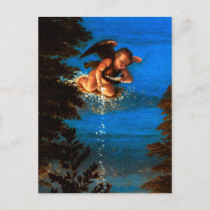 Putto am blauen Himmel schüttet eine Kaskade weiße Postkarte