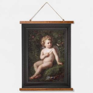 Putto Füttre eine Erdbeere zu einem Vogel Wandteppich Mit Holzrahmen