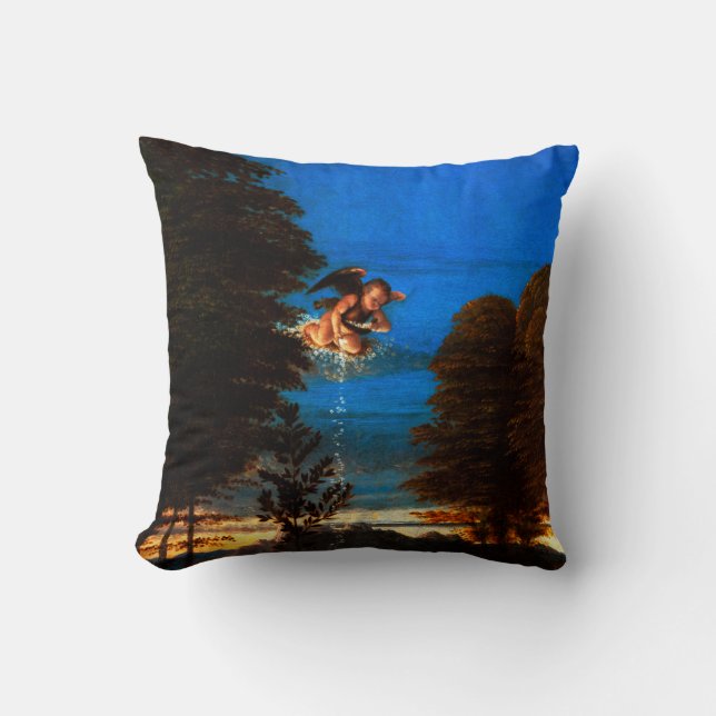 Putto in blauer Himmel verströmt eine Kaskade weiß Kissen (Vorderseite)