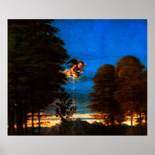 Putto in blauer Himmel verströmt eine Kaskade weiß Poster
