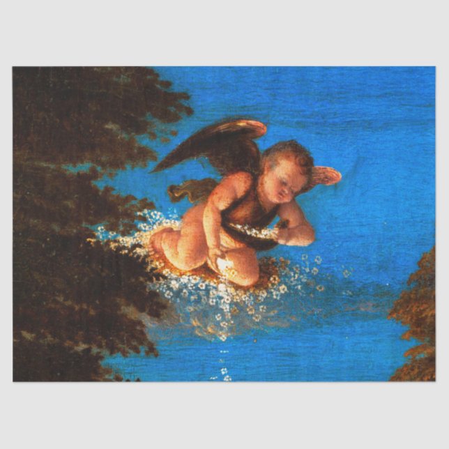 Putto in blauer Himmel verströmt eine Kaskade weiß Seidenpapier (Vorderseite)