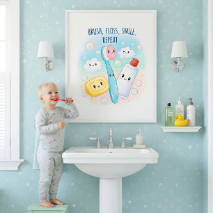 Putz, Zahnseide, Spülung, Waschen Kinder Badezimme Poster