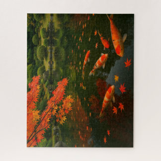 Puzzle 日本庭園の紅葉と錦鯉の静寂な水面 / Tranquil Pond with Koi and Autu