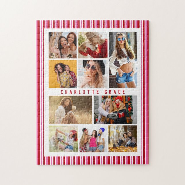 Puzzle 10 Photo Moderne Tendance Pink Stripes Stylish Nom (Vertical)