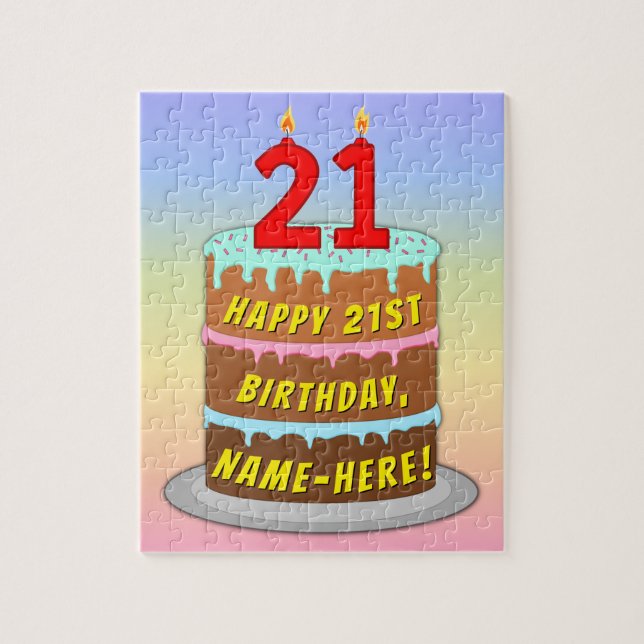 Puzzle 21e anniversaire : Fun Cake and Candles + Nom pers (Vertical)