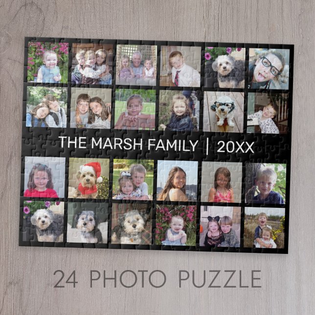 Puzzle 24 Photo Collage avec nom de famille Date - noir (24 Photo Personalized Jigsaw Puzzle)