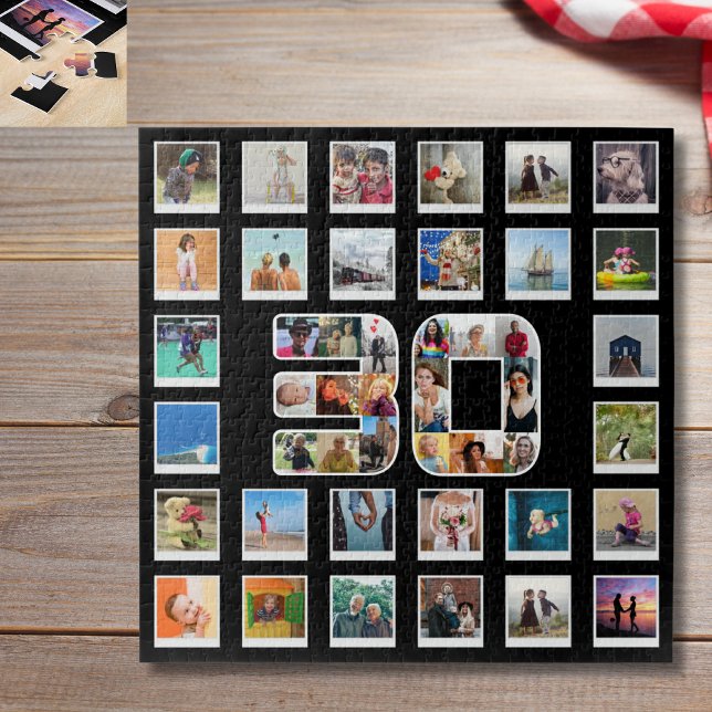 Puzzle 30e anniversaire Famille Photo souvenir Collage (30th birthday jigsaw puzzle on wood plank table top)