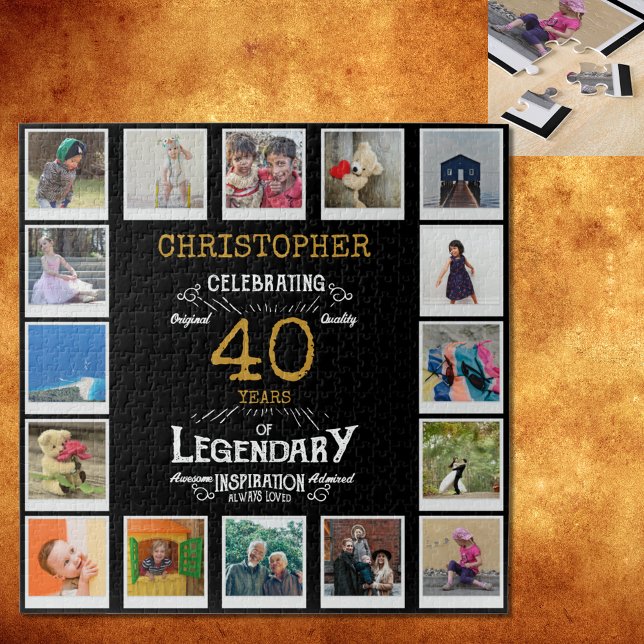 Puzzle 40e anniversaire Black Gold Photo Collage (A personalized elegant 40th birthday vintage puzzle that is easy to customize but hard to complete)