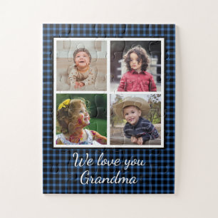 Puzzle 4 Photo Collage Bleu Buffalo Plaid Grandma