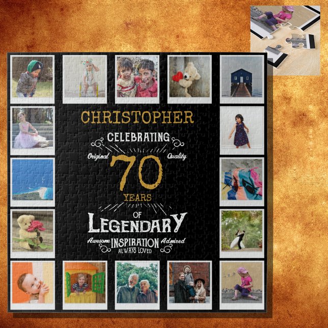 Puzzle 70e anniversaire Black Gold Photo Collage (A personalized elegant 70th birthday vintage puzzle that is easy to customize but hard to complete)
