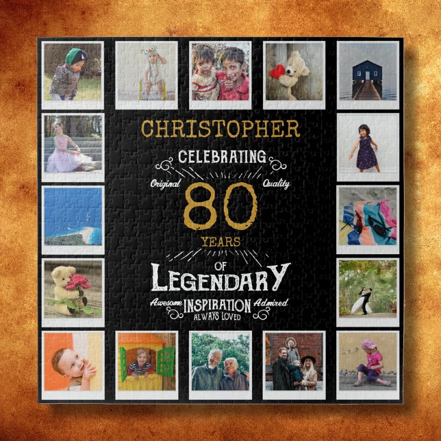 Puzzle 80e anniversaire Black Gold Photo Collage (A personalized elegant 80th birthday vintage puzzle that is easy to customize but hard to complete.)