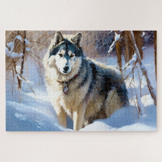 Puzzle Aaskan Malamute Laisser Il Neige Noël (Horizontal)