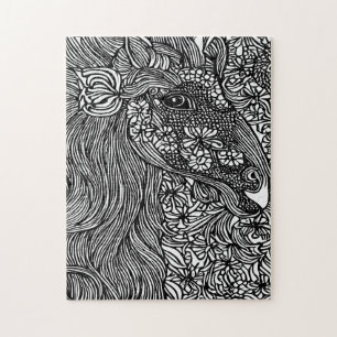 Puzzle Abstract Horse face Flowers Original ink Art