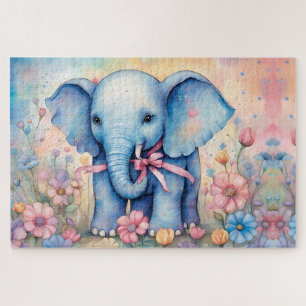 Puzzle Adorable bébé éléphant dans un jardin pastel