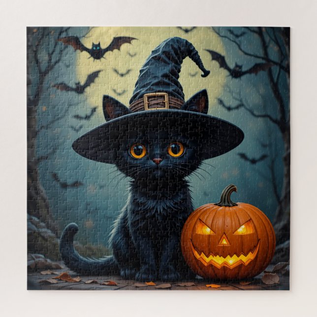 Puzzle Adorable Chat Noir Portant Sorcière Casquette (Vertical)