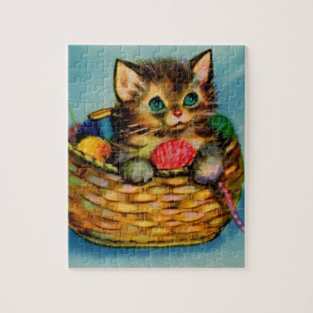 Puzzle adorable chaton des années 1940 dans le panier de  (Vertical)