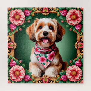 Puzzle Adorable chien encadré par des fleurs colorées