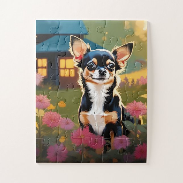 Puzzle Adorable Chihuahua Noir Chiuppy avec Fleurs sauvag (Vertical)