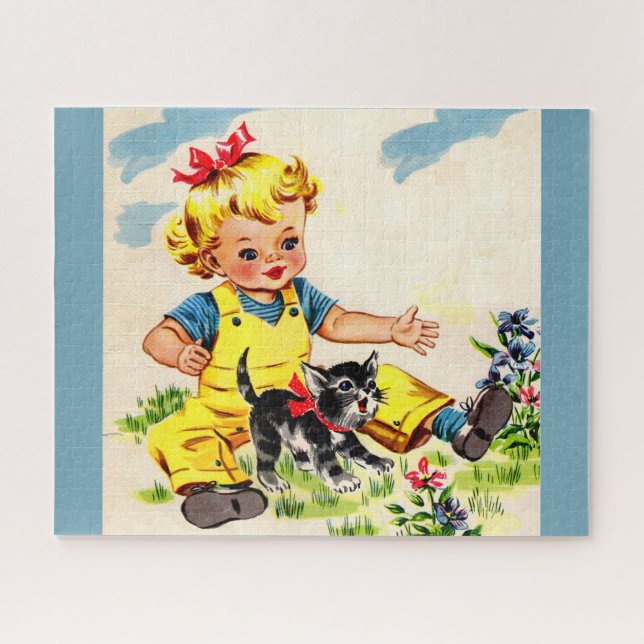 Puzzle adorable petite fille avec adorable petit chaton (Horizontal)