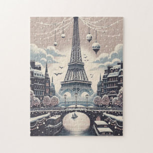 Puzzle Affiche de Noël à Paris – Tour Eiffel enneigée en 