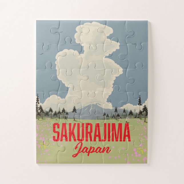 Puzzle Affiche de voyage rétro Sakurajima Japon. (Vertical)